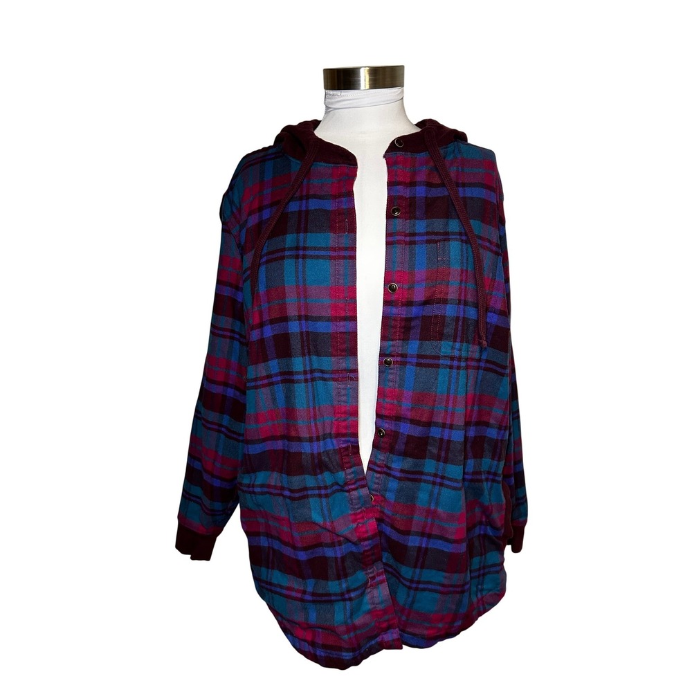 LL Bean Large Plaid Hooded Flannel Shirt Teal Purple Magenta Button Down